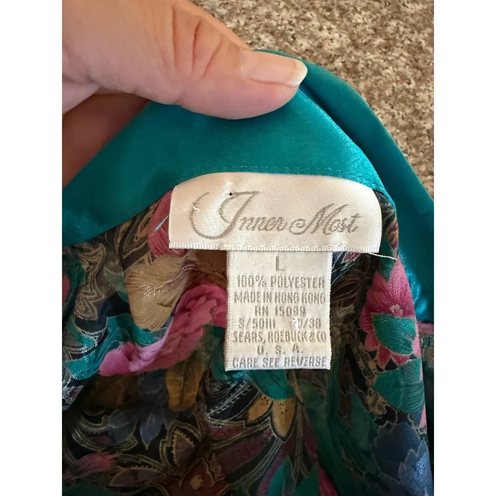 Inner Most Sears Vintage Long Floral Kimono Robe Teal‎ Trim Sheer Women Size L